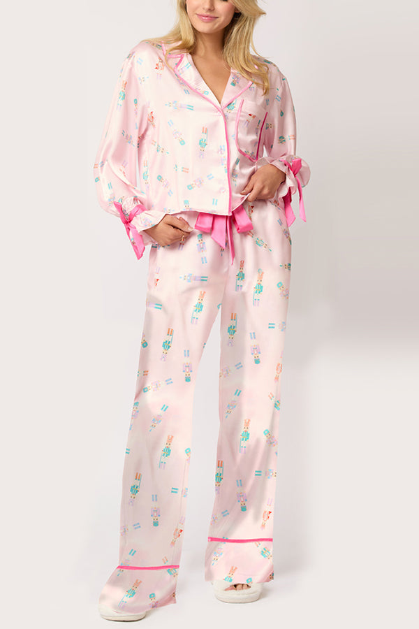 Christmas Printed Velvet Lace-up Long-sleeve Pocket Top and Elastic Waist Wide-leg Pants Set