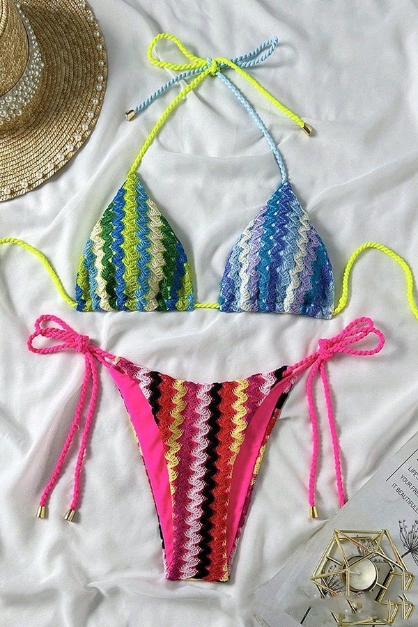 Knit Wave Unique Print Stretch Tie Bikini Swimsuit