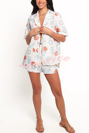 Graffiti Fruit Print Lapel Tie Short Sleeve Top and Elastic Waist Loose Pocket Shorts Set