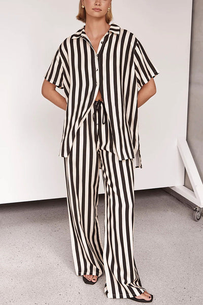 Erika Striped Casual Shirt and Elastic Waist Pocket Wide Leg Pants Set