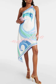 On Island Satin Unique Print One Shoulder Irregular Hem Vacation Midi Dress