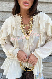 Autumn Boho Chiffon Lace Trim Ruffle Balloon Sleeve Blouse
