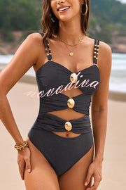 Fashionable Color-blocked Metal Button Stretch One-piece Swimsuit