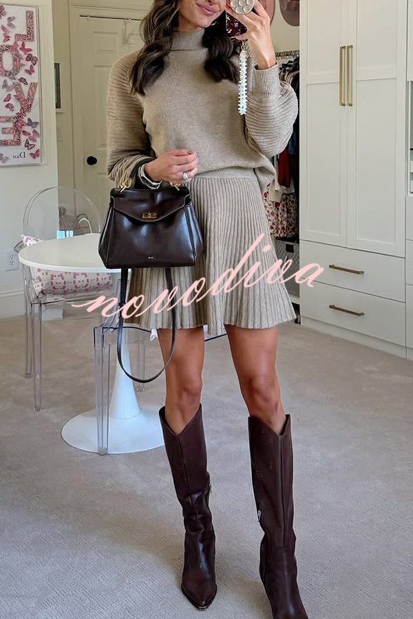 Solid Color Round Neck Puff Sleeve Loose Knit Sweater and Casual Striped Mini Skirt Set