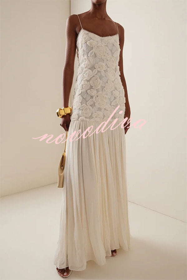 Indulge in Floral Applique Pleated Chiffon Hem Slip Maxi Dress