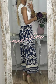 Unique Print Elastic Waist Loose Pocket Holiday Wide Leg Pants