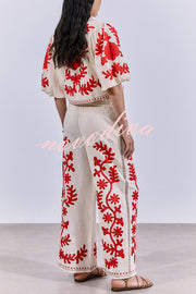 Till Sunset Linen Blend Unique Print Elastic Waist Pocket Wide Leg Pants