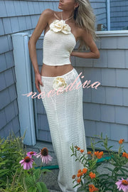 Blooming Sexy Knit Floral Halter Top and Stretch Crochet Maxi Skirt Cover-up Set