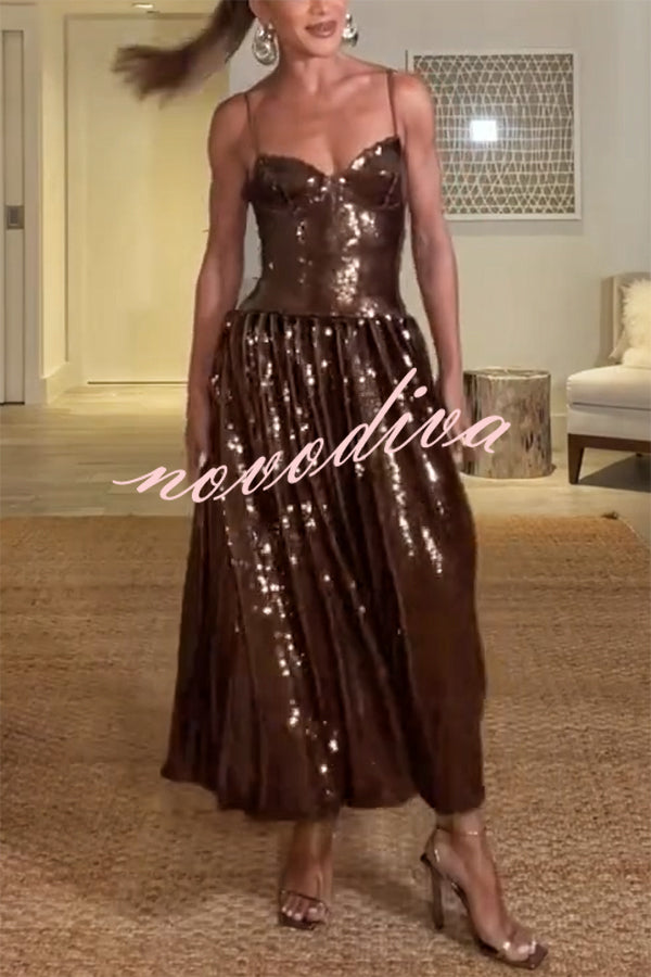 Enchanted Night Sequin Low-cut Corset Balloon Hem Slip Midi Dress