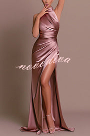 Satin Sexy Halter Neck Sleeveless High Slit Slim Maxi Dress