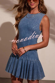 Fashionable Spliced Back Hollow Lace-up Pleated Slim-fit Denim Mini Dress