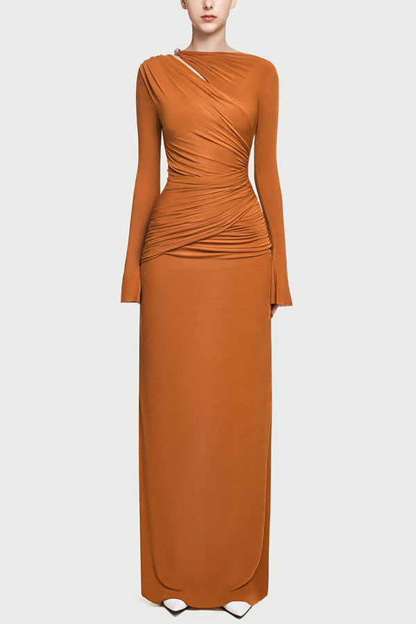 Stylish Long-sleeved Slim-fit Pleated Elegant Maxi Dress