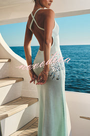Sparkling Nights Knit Sunburst Sequin Detail Back Cross Straps Stretch Maxi Dress