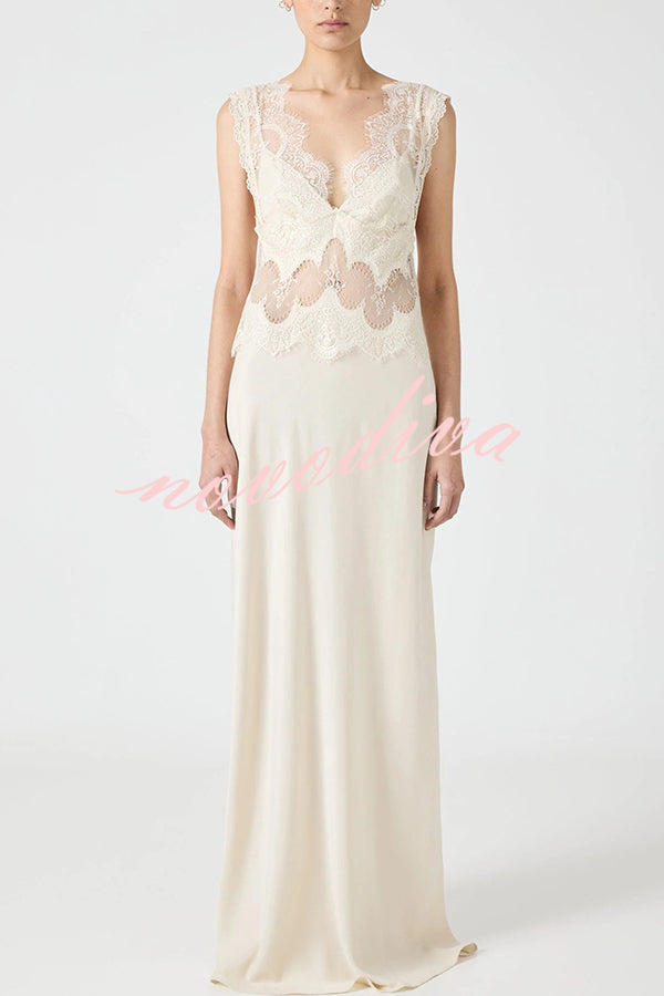 Wonderful Fusion Satin Lace Trim See-through Waist V-neck Drape Maxi Dress