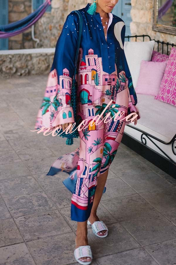 Seaside Stroll Satin Unique Print Button Up Long Sleeve Slit Kaftan Midi Dress