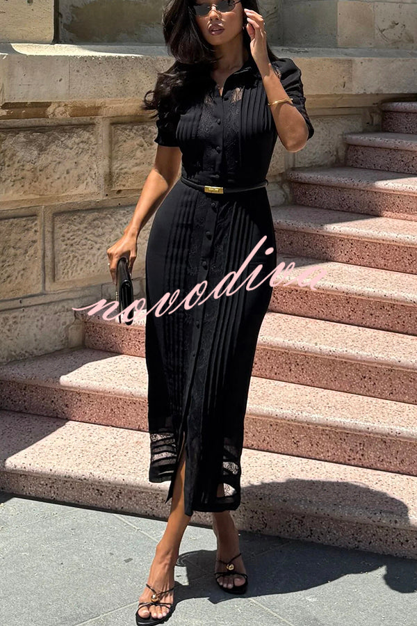 Lysette Lace Trim Pleated Button Up Short Sleeve Shirt Midi Dress