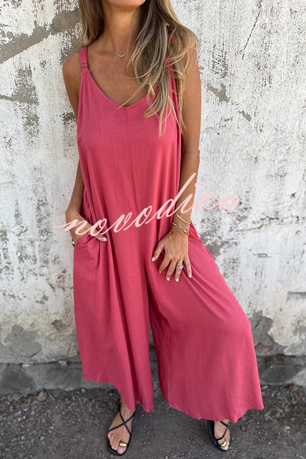 Linen Blend Solid Color Suspenders Loose Pockets Casual Wide-leg Jumpsuit