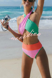 Summer Brights Ribbed Color Block Cross Halter Neck High Rise Bikini Swimsuit