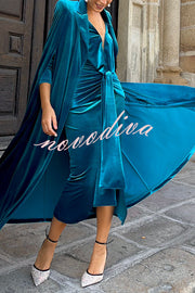 Olivienne Luxurious Velvet Padded Shoulders Slit Sleeve Lapel Midi Cape
