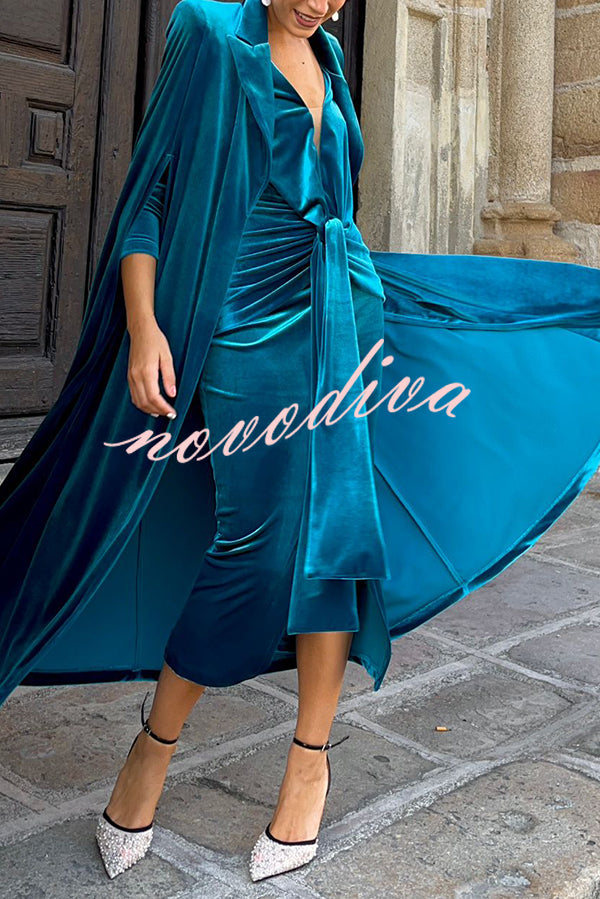 Olivienne Luxurious Velvet Padded Shoulders Slit Sleeve Lapel Midi Cape