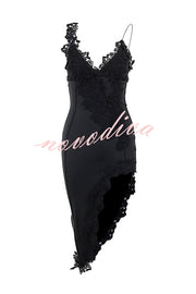 Sexy Lace Paneled Deep V Suspender Slim Midi Dress