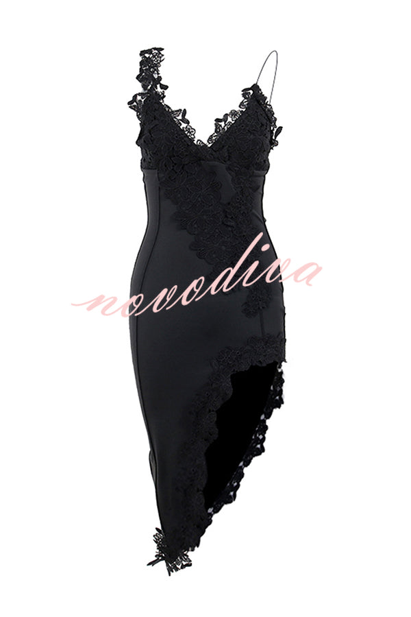 Sexy Lace Paneled Deep V Suspender Slim Midi Dress