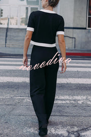 Fashion Contrast Color Stretch High Waist Casual Straight Pants