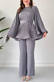 Solid Color Round Neck Flared Sleeve Pleated Tie Waist Top and Elastic Waist Casual Straight Pants Set