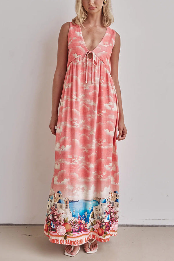 Resort Style Unique Printed Sleeveless V-neck Casual Maxi Dress