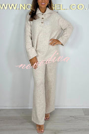 Solid Color Lapel Long-sleeved Loose Top and Elastic Waist Casual Pants Set