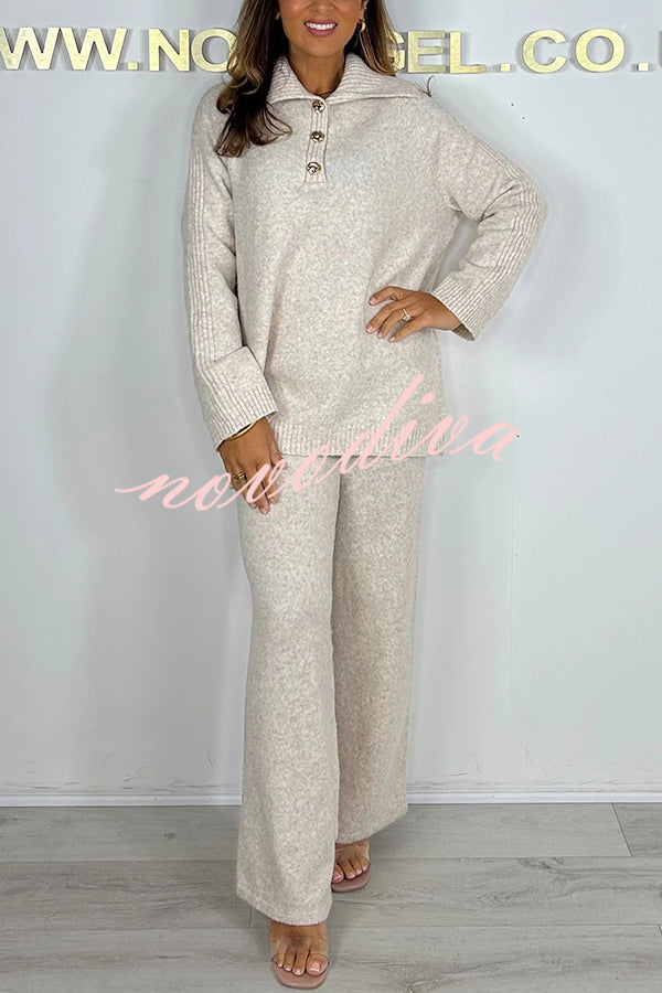 Solid Color Lapel Long-sleeved Loose Top and Elastic Waist Casual Pants Set