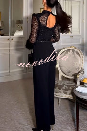 Aerie Sequin Embellished Mock Neck Long Sleeve Feather Cuff Flare Jumpsuit