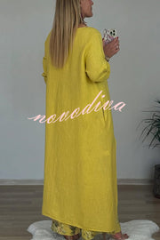 Linen Blend Crew Neck Long Sleeve Irregular Loose Top and Elastic Waist Floral Print Casual Pocket Set