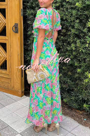 Floral Print V-neck Puff Sleeve Open-back Maxi Dress