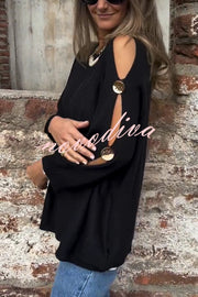 Solid Color Round Neck Hollow Long Sleeve Loose Knitted Sweater