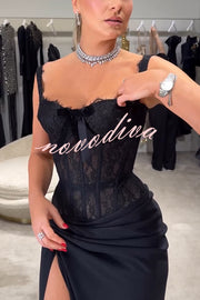 Sexy Grace Magic Lace Corset Bow Design Ruched Hip Slit Maxi Dress