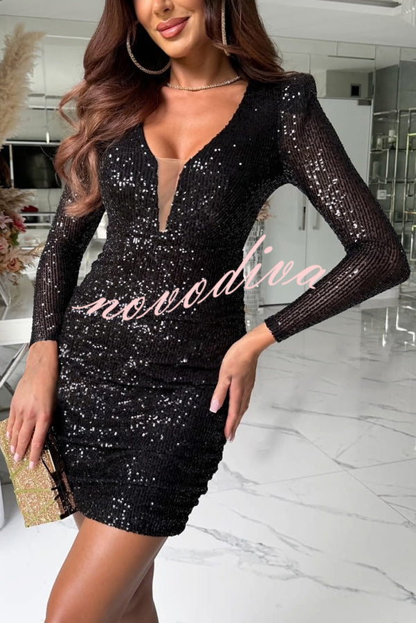 Dreamy and Dazzling Sequin Mesh V-neck Long Sleeve Ruched Stretch Mini Dress