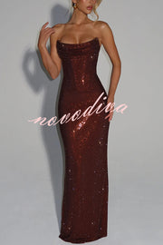 Mirabella Sequin Pleated Cowl Scooped Neckline Back Lace-up Strapless Maxi Dress