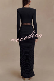 Sexy See-through Long-sleeved V-neck Pleated Slim-fit Maxi Dress