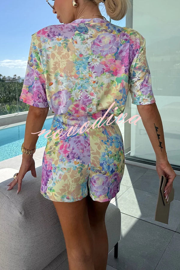 Favor Romance Floral Print Shoulder Pad T-shirt and Mini Skort Set