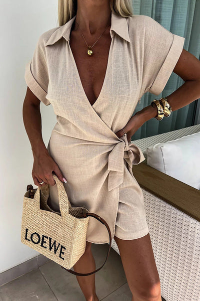 Relaxing Beach Linen Blend Solid Color Wrap Loose Shirt Romper