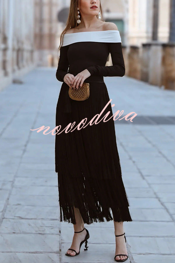 Elegant Tassel Hem Elastic Waist Casual Maxi Skirt