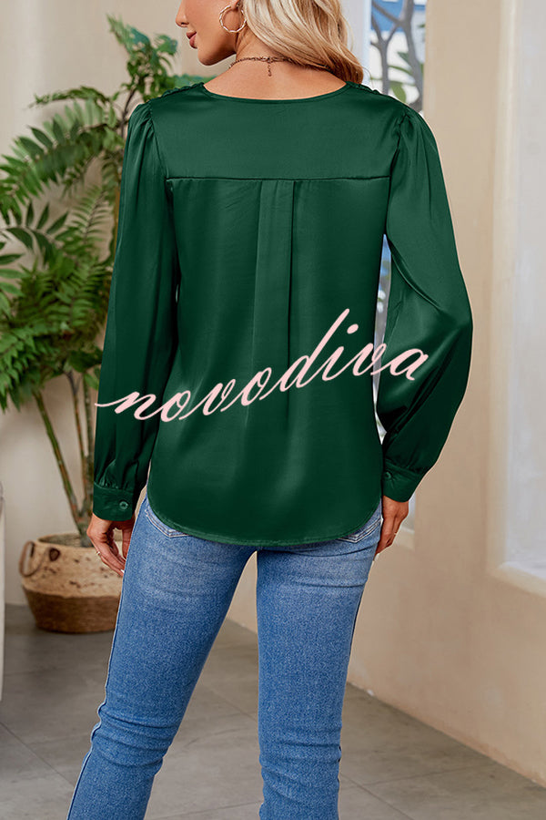 Satin Pleated V-neck Long-sleeved Loose Shirt