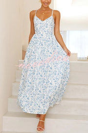Floral Print V-Neck Sleeveless Back Tie Pocket Maxi Dress