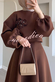 Solid Color Flower-embellished Lantern Sleeve Loose Top and Casual Maxi Skirt Set
