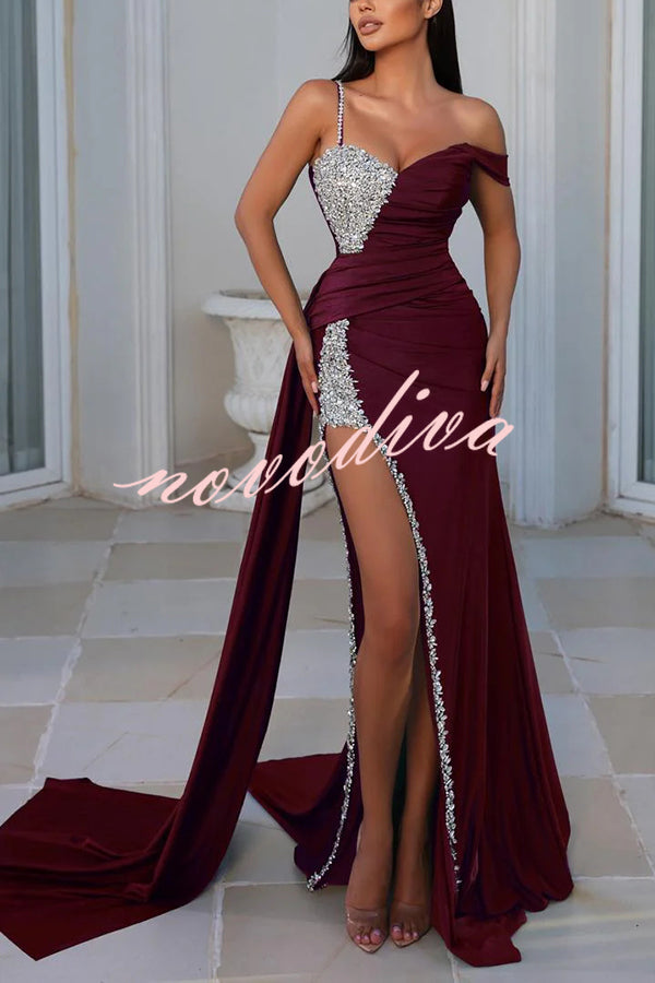 Adelynn Sequin Patchwork One Shoulder Ruched Slit Prom Maxi Dress