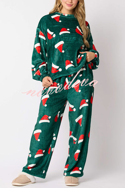 Christmas Printed Crew Neck Long Sleeve Top and Elastic Waist Loose Pants Set