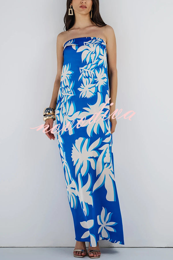 Fashion Vacation Satin Unique Print Off Shoulder Maxi Dress