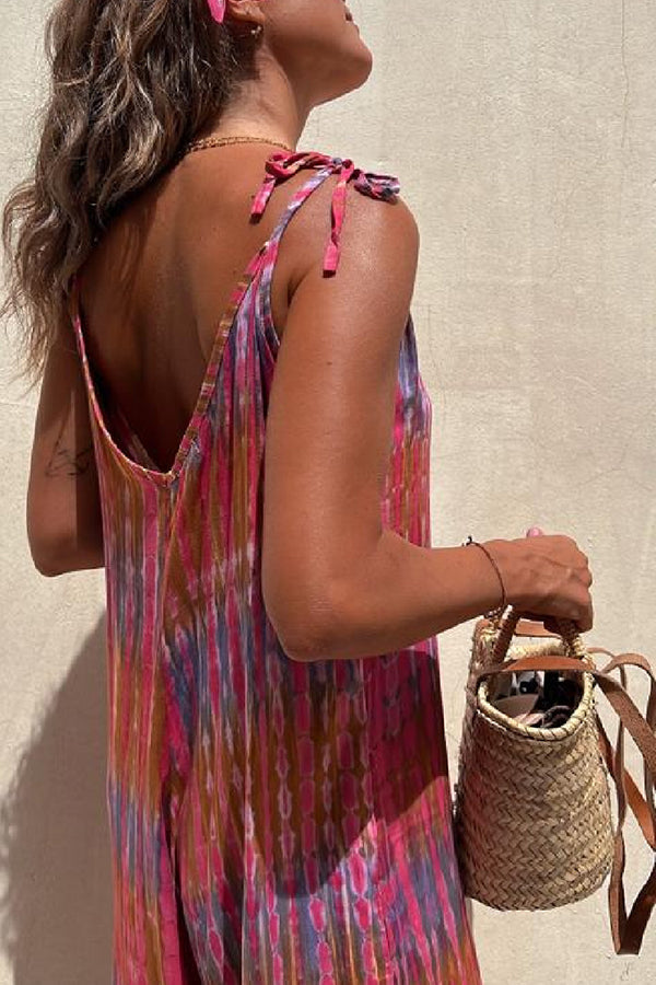 Brighton Beach Tie-dye Print Shoulder Tie Pocketed Loose Jumpsuit