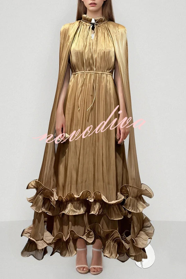 Fashionable V-neck Lace-up Ruffled Double-layer Hem Maxi Dress